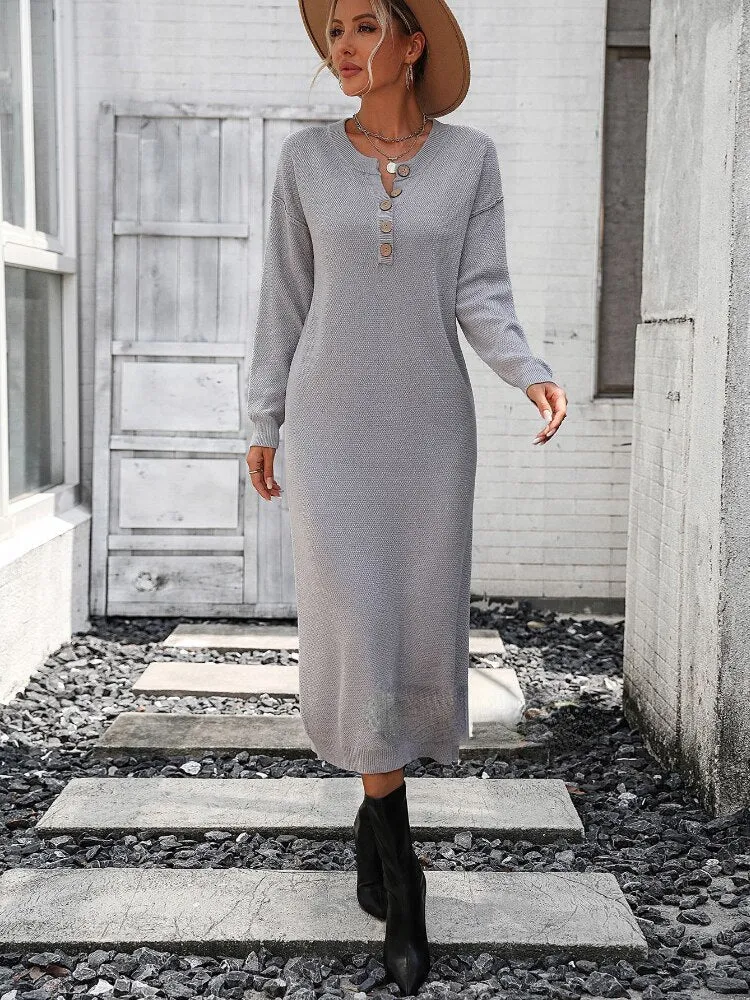 Loose Long Dresses New Button Knit Dress In Autumn Winter 2023 Fashion Temperament Commuter Women Sweater Streetwear White Dress