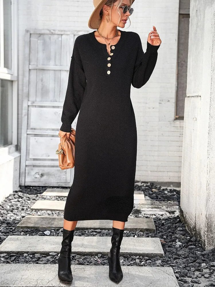 Loose Long Dresses New Button Knit Dress In Autumn Winter 2023 Fashion Temperament Commuter Women Sweater Streetwear White Dress