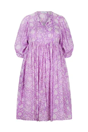 Midi Puff Sleeve Boho Beach Dress in Lilac