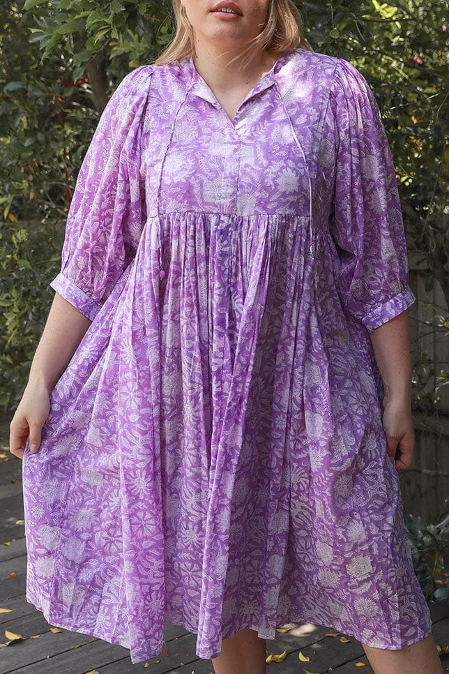 Midi Puff Sleeve Boho Beach Dress in Lilac