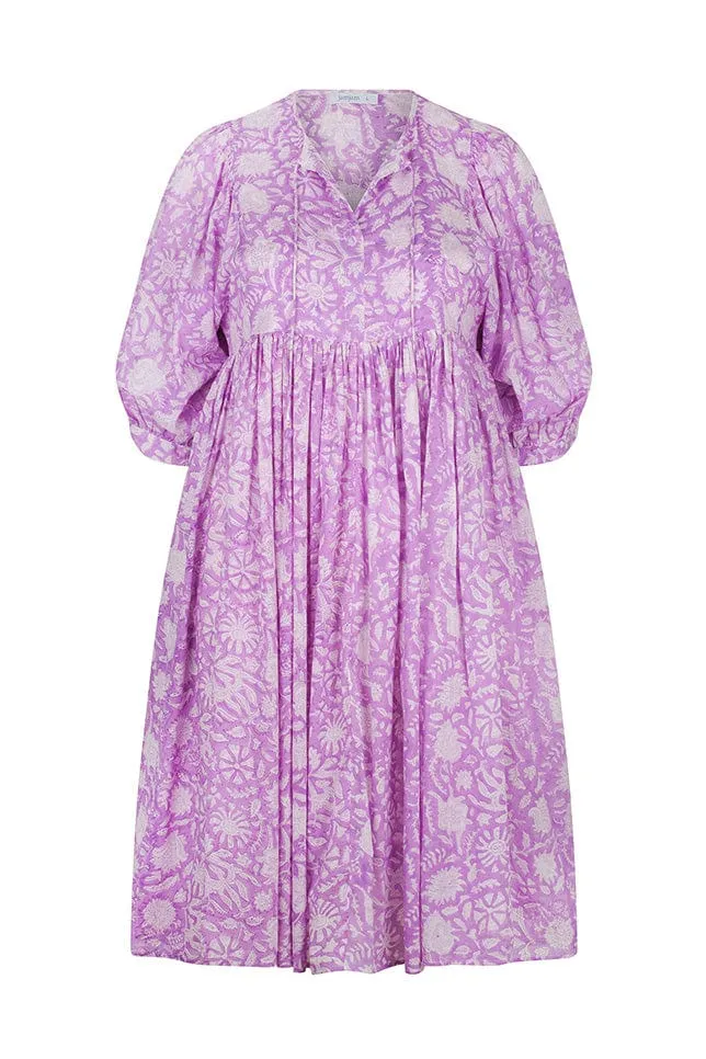 Midi Puff Sleeve Boho Beach Dress in Lilac