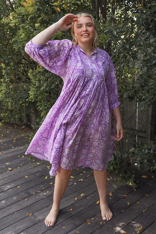 Midi Puff Sleeve Boho Beach Dress in Lilac