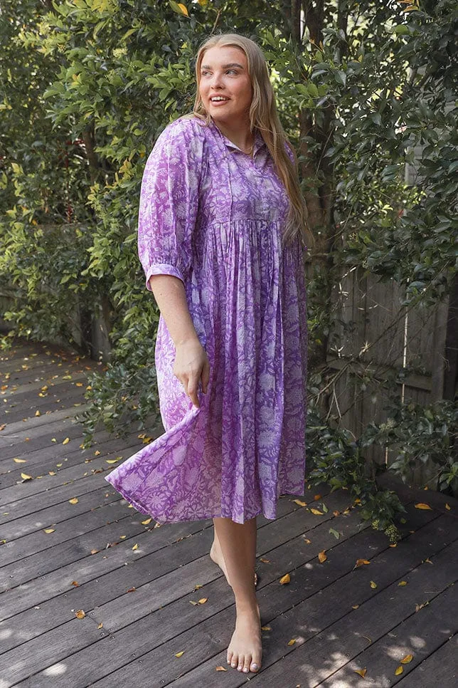 Midi Puff Sleeve Boho Beach Dress in Lilac