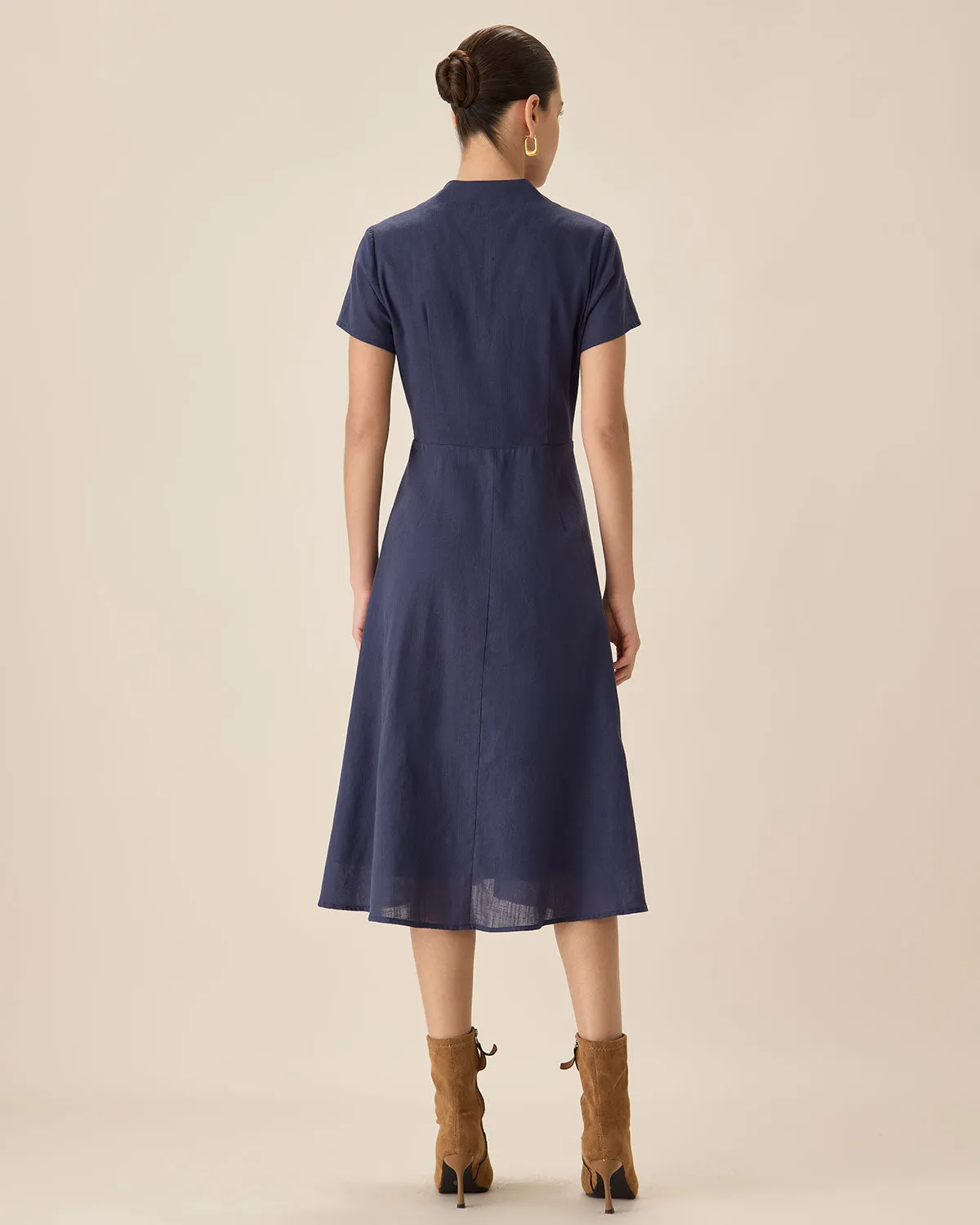 Navy Collared Button Midi Dress