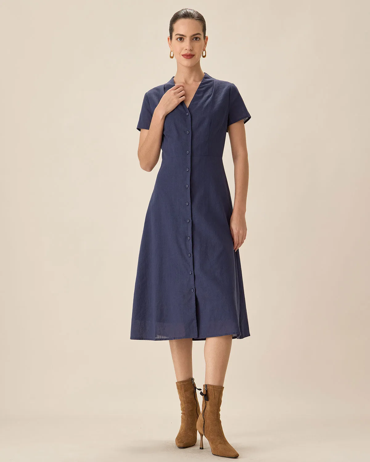 Navy Collared Button Midi Dress