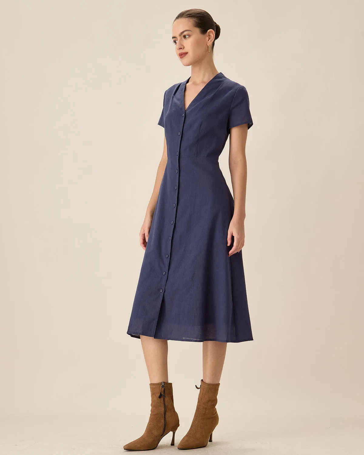 Navy Collared Button Midi Dress