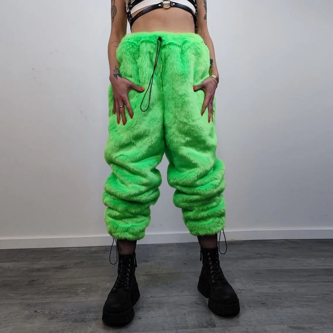 Neon faux fur joggers winter raver pants fluffy skiing trousers mountain fleece overalls festival bottoms burning man pants in green