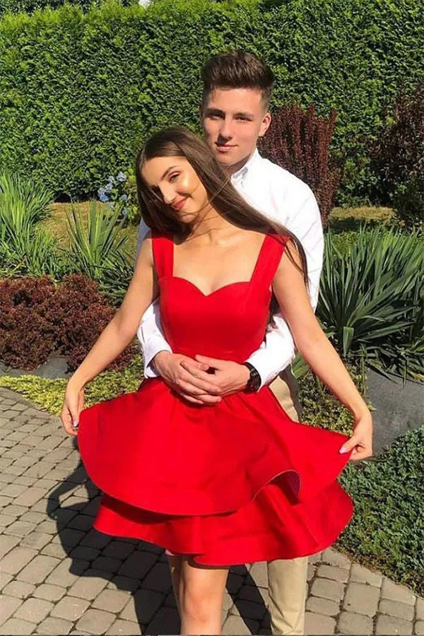 Red Satin A-line Off Shoulder Homecoming Dresses, Short Prom Dresses, SH545