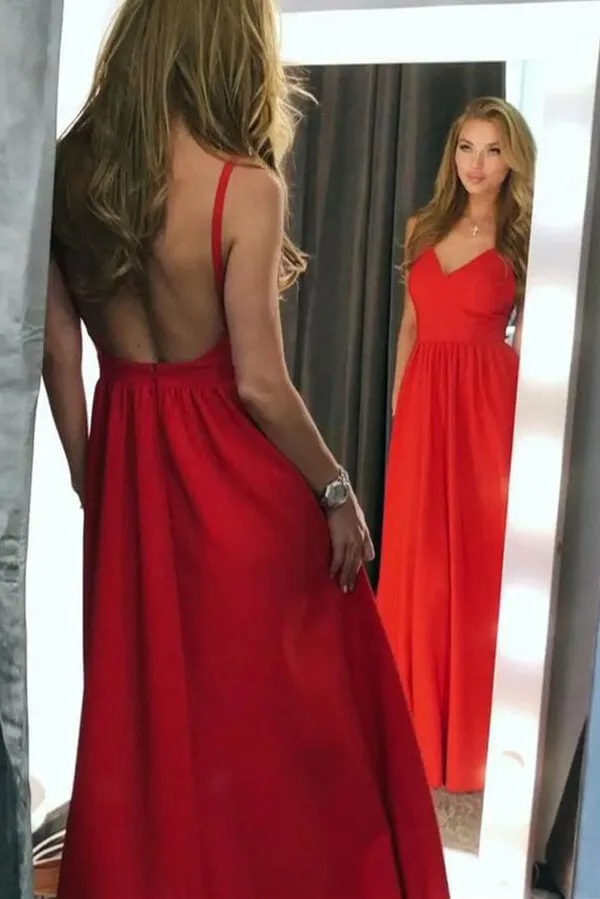 Red Satin A-line Spaghetti Straps Backless Prom Dresses, Evening Dress, SP703