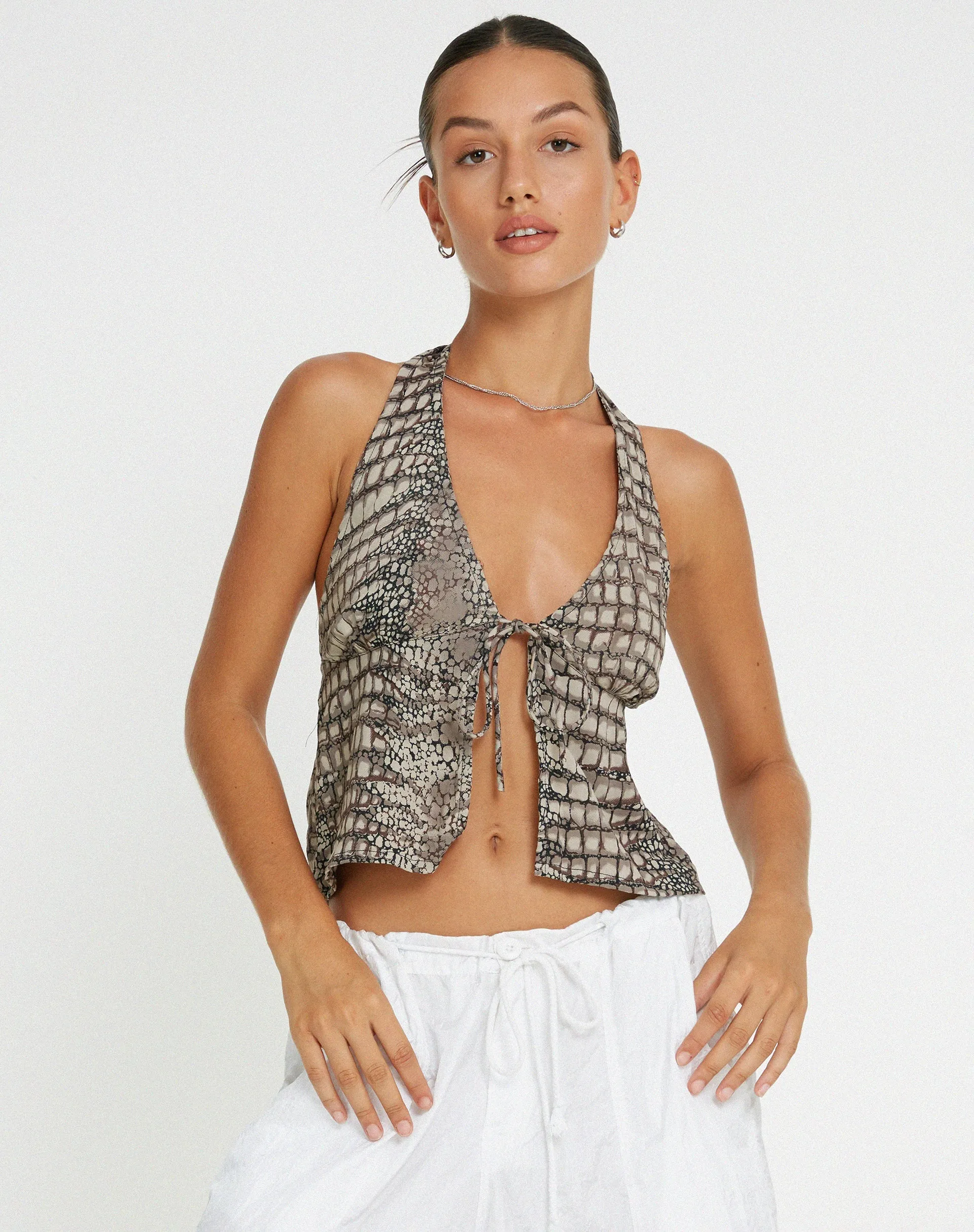 Roula Halter Top in Croc Neutral Grey