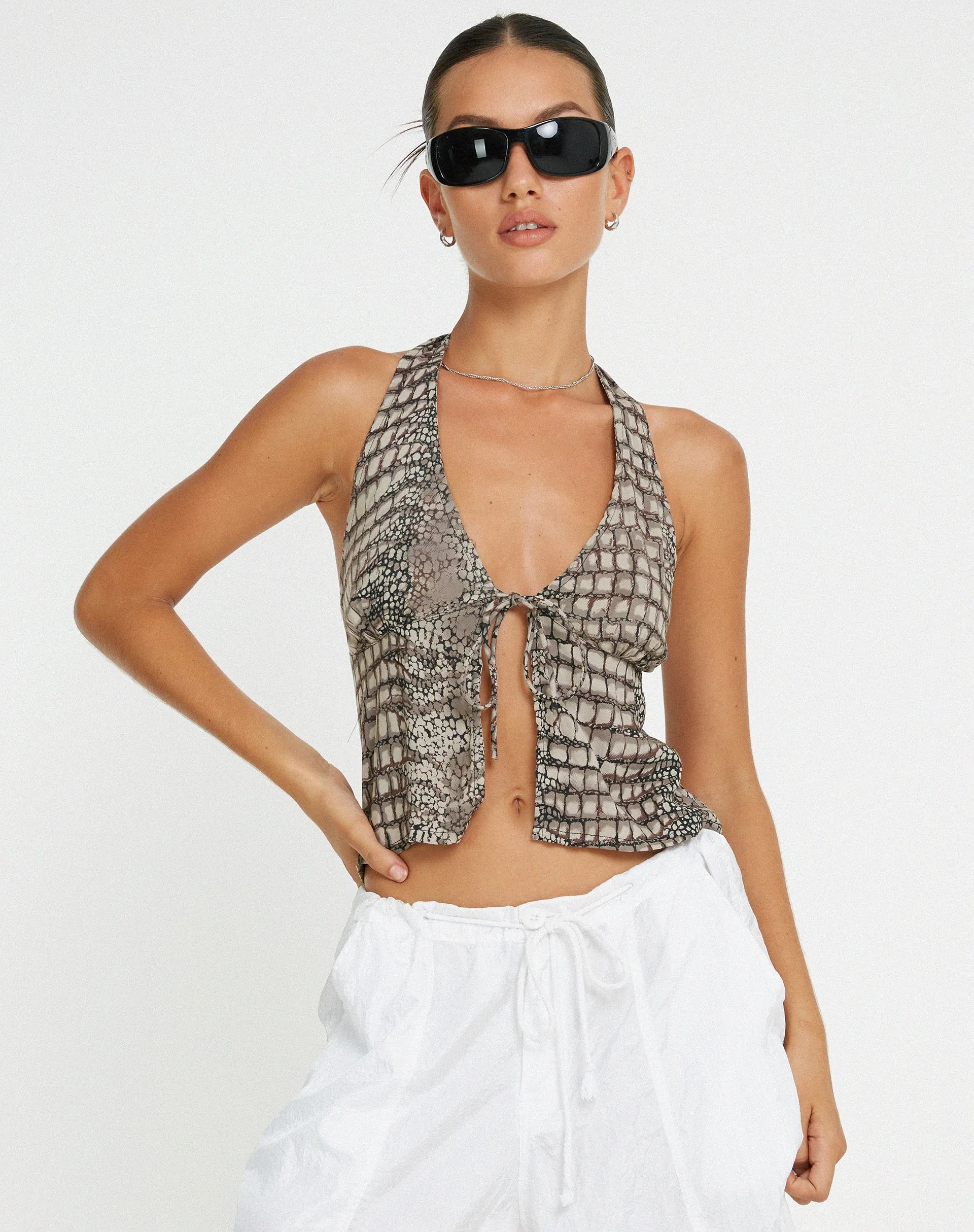 Roula Halter Top in Croc Neutral Grey