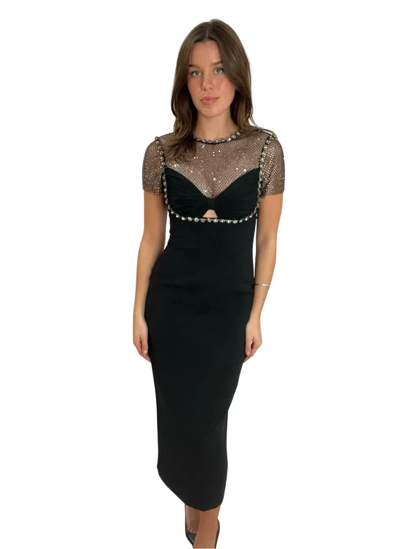 Self Portrait Black Midi Dress w Net-Sparkle Detail. Size: Medium