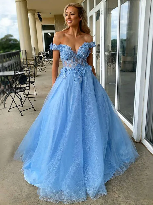 Sexy Sparkly Sky Blue Off-shoulder Floral Top A-line Long Prom Dress, PD3448