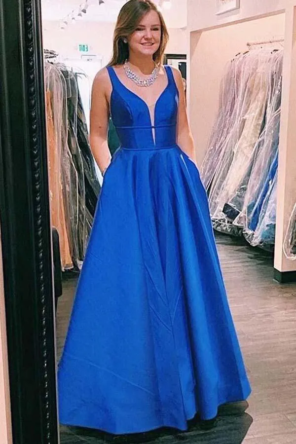 Simple Blue Satin A-Line V Neck Long Prom Dresses, Party Dresses With Pockets, SP562