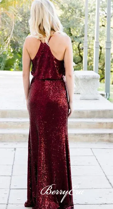 Simple Design Burgundy Sequin Long Bridesmaid Dresses, Bridesmaid Dresses