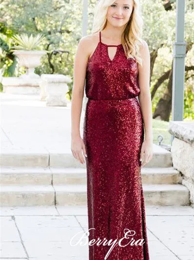 Simple Design Burgundy Sequin Long Bridesmaid Dresses, Bridesmaid Dresses