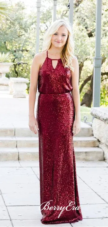 Simple Design Burgundy Sequin Long Bridesmaid Dresses, Bridesmaid Dresses