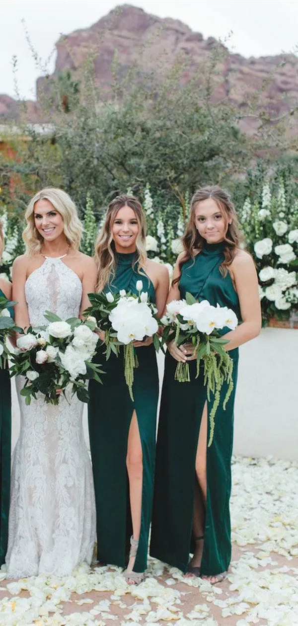 Simple Halter Long Bridesmaid Dresses, Slit Wedding Guest Dresses, Bridesmaid Dresses