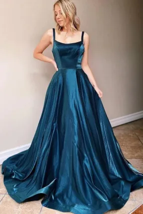 Simple Satin A-line Square Neck Backless Prom Dresses, Evening Dresses