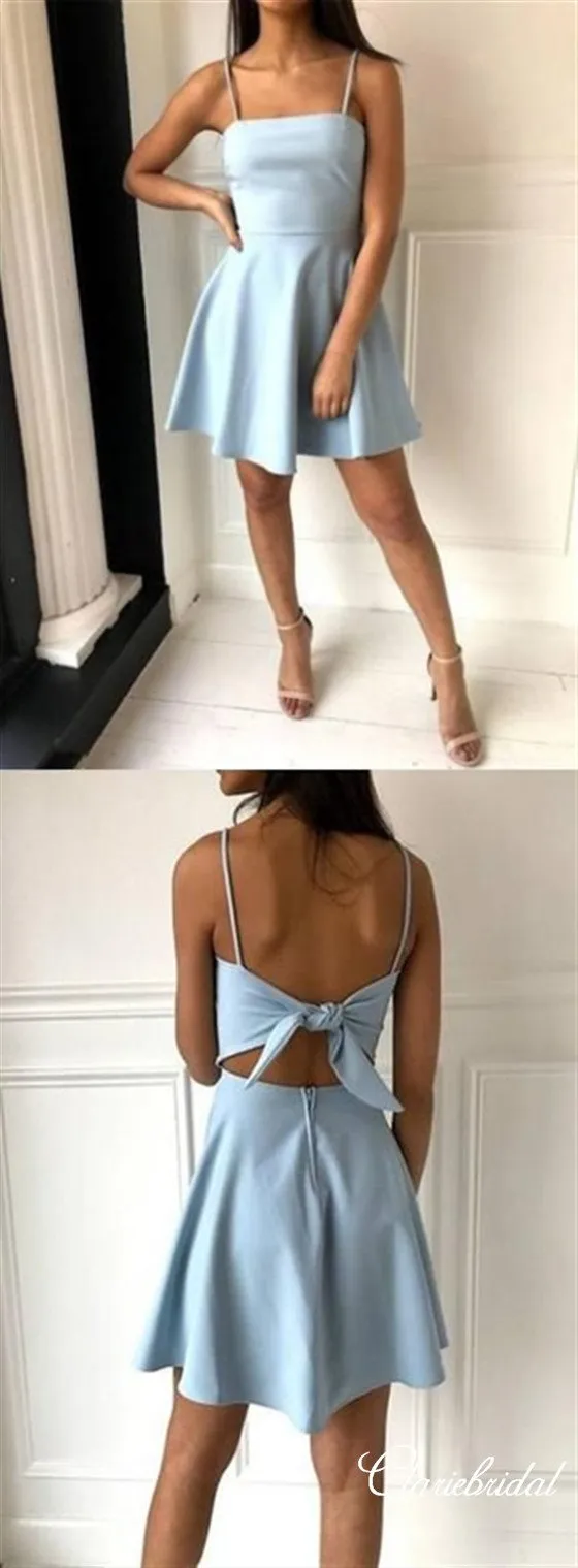 Simple Spaghetti Blue Short Prom Dresses, Homecoming Dresses