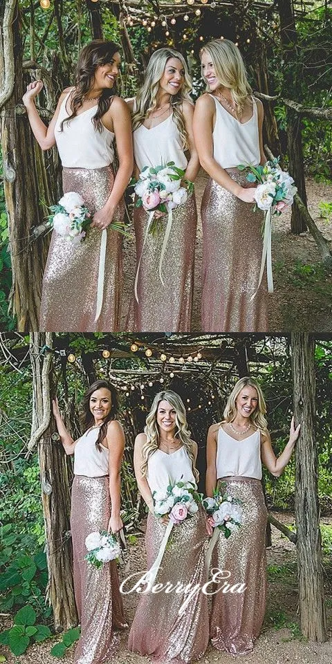 Simple V-neck Boho Style Long Sequin Bridesmaid Dresses