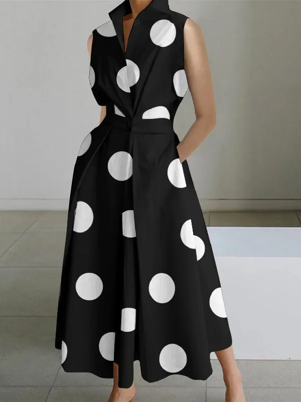 Sleeveless Polka Dot Lapel Midi Dresses