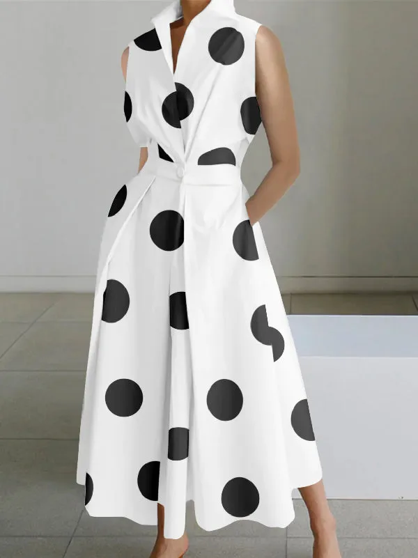 Sleeveless Polka Dot Lapel Midi Dresses