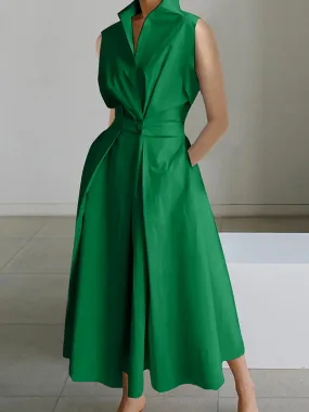 Sleeveless Solid Color Lapel Midi Dresses