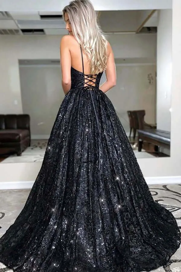 Sparkly Black Sequins Spaghetti Straps Long Prom Dresses, Evening Dress, SP771