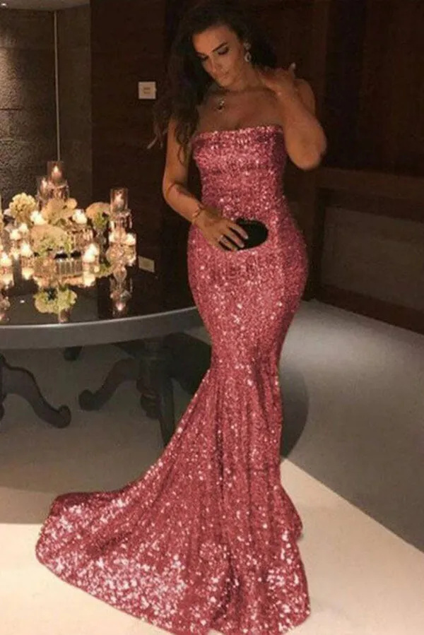 Sparkly Gold Mermaid Off Shoulder Strapless Prom Dresses, Evening Gown, SP755