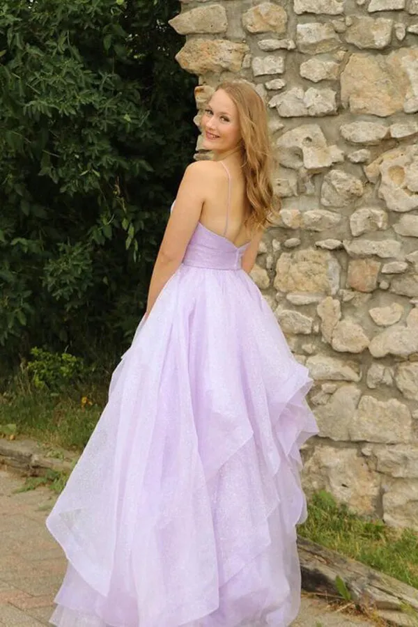 Sparkly Lavender Tulle A-line V-neck Long Prom Dresses, Evening Gowns, SP719