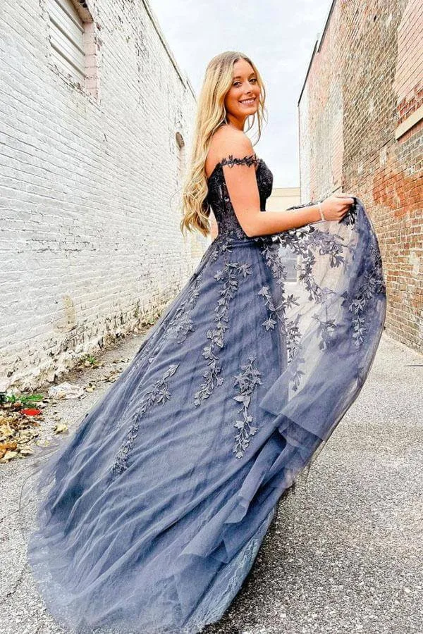 Stunning Grey Tulle A-line Sweetheart Lace Prom Dresses, Evening Dress, SP898