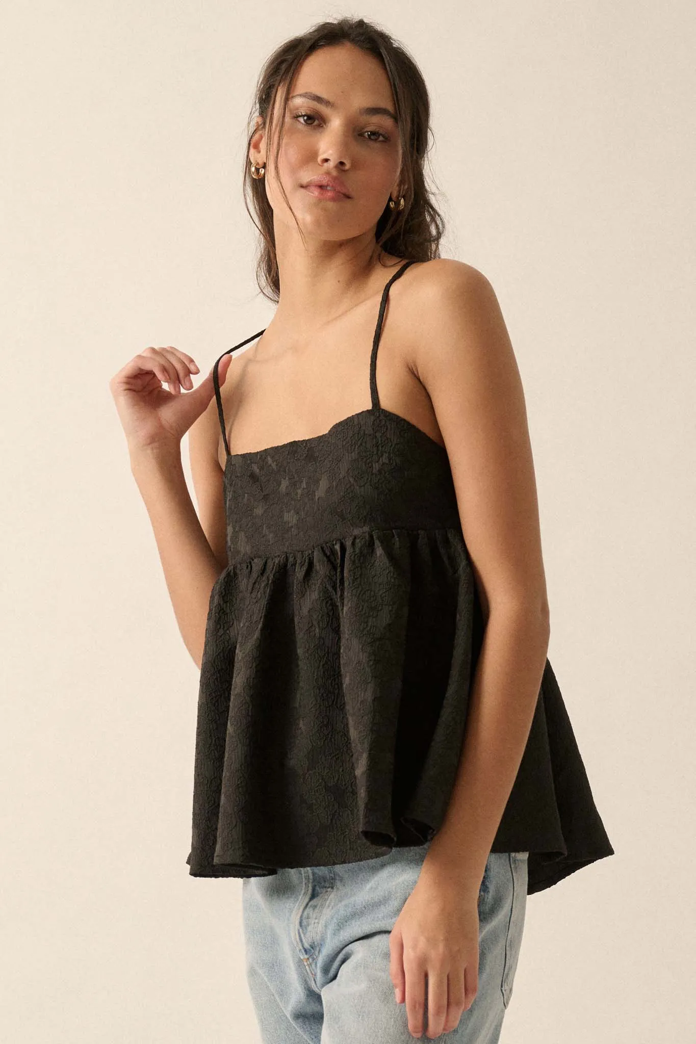 Subtle Beauty Textured Floral Babydoll Cami Top