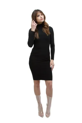 THE MYSTYLEMODE BLACK ESSENTIAL DOUBLE LINED MOCK NECK MIDI DRESS