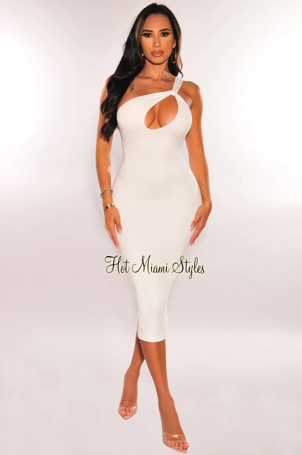 White One Shoulder Strap Keyhole Cut Out Midi Dress