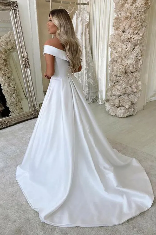 White Satin A-line Off Shoulder Wedding Dresses, Simple Wedding Gown, SW511