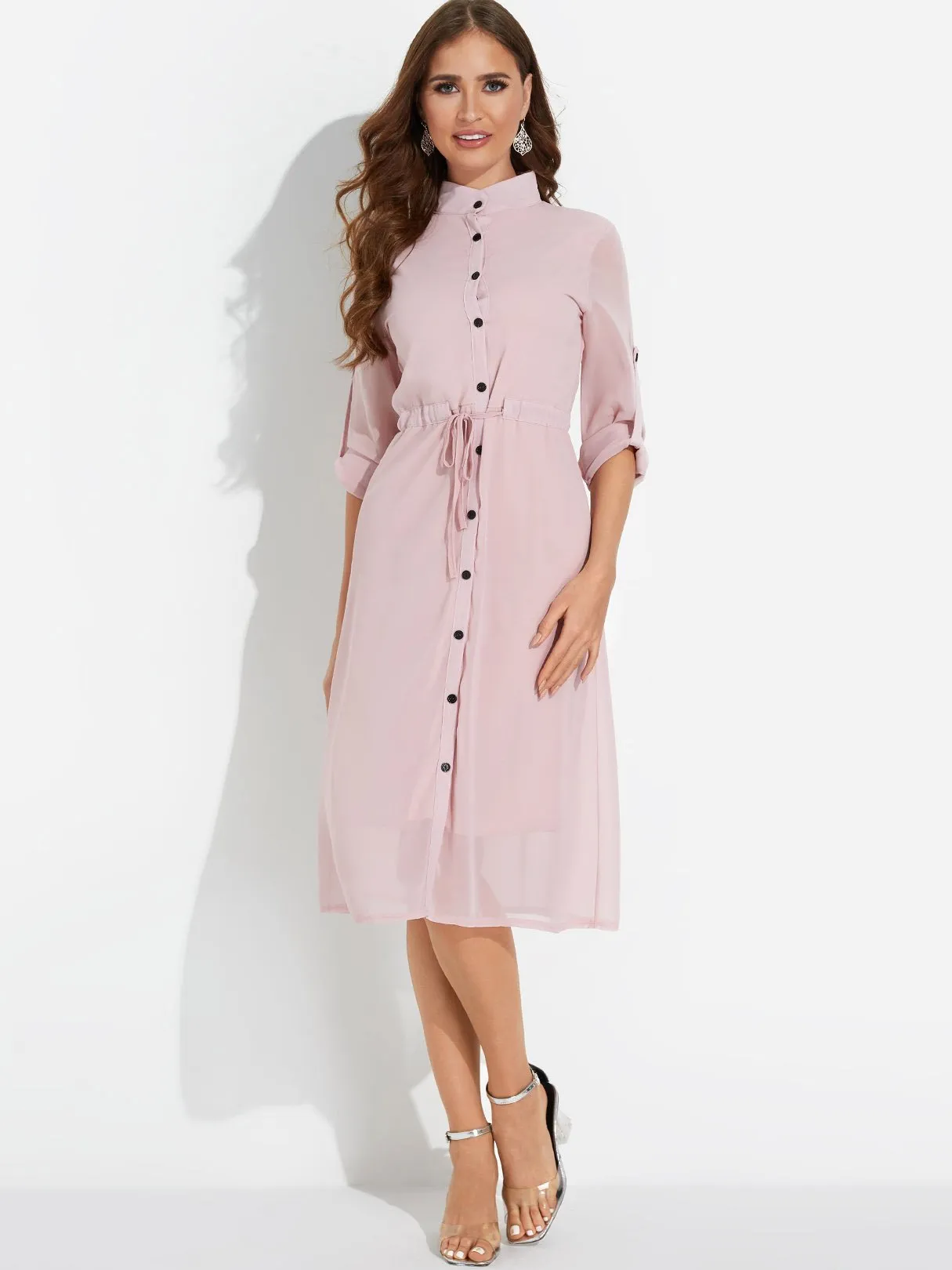 Wholesale 3/4 Length Sleeve Round Neck Midi Dress