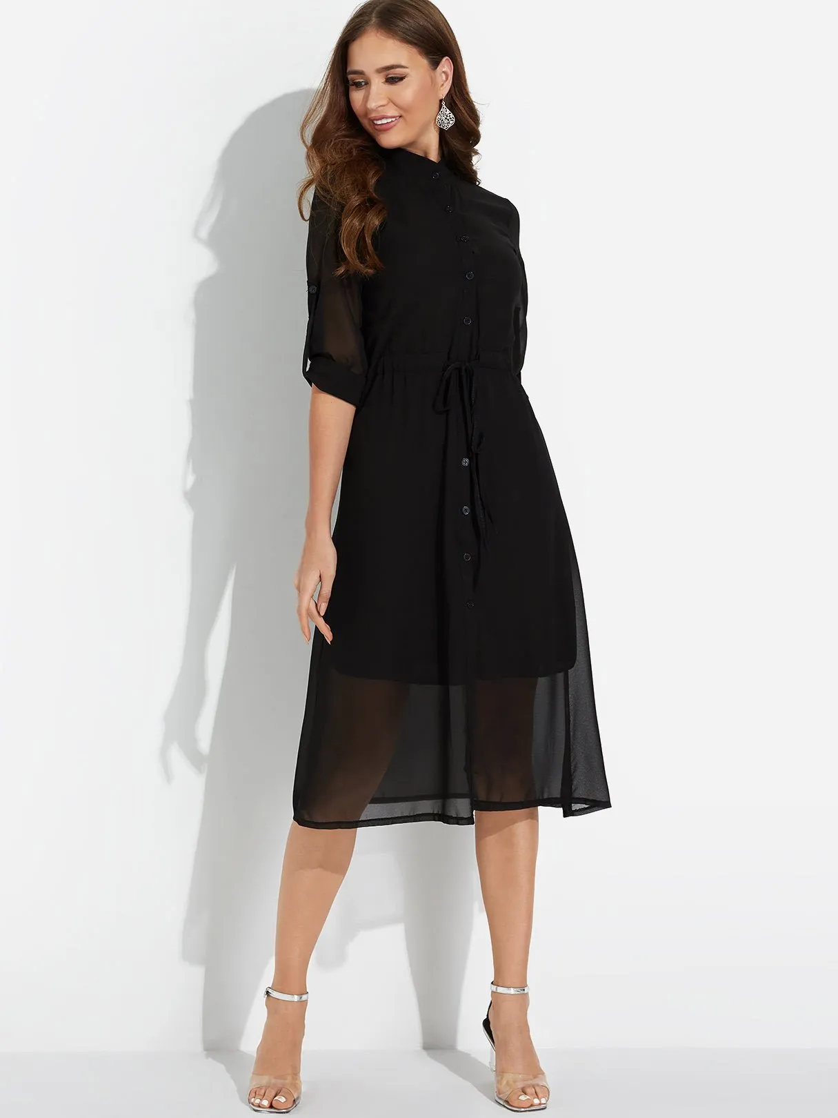 Wholesale 3/4 Length Sleeve Round Neck Midi Dress