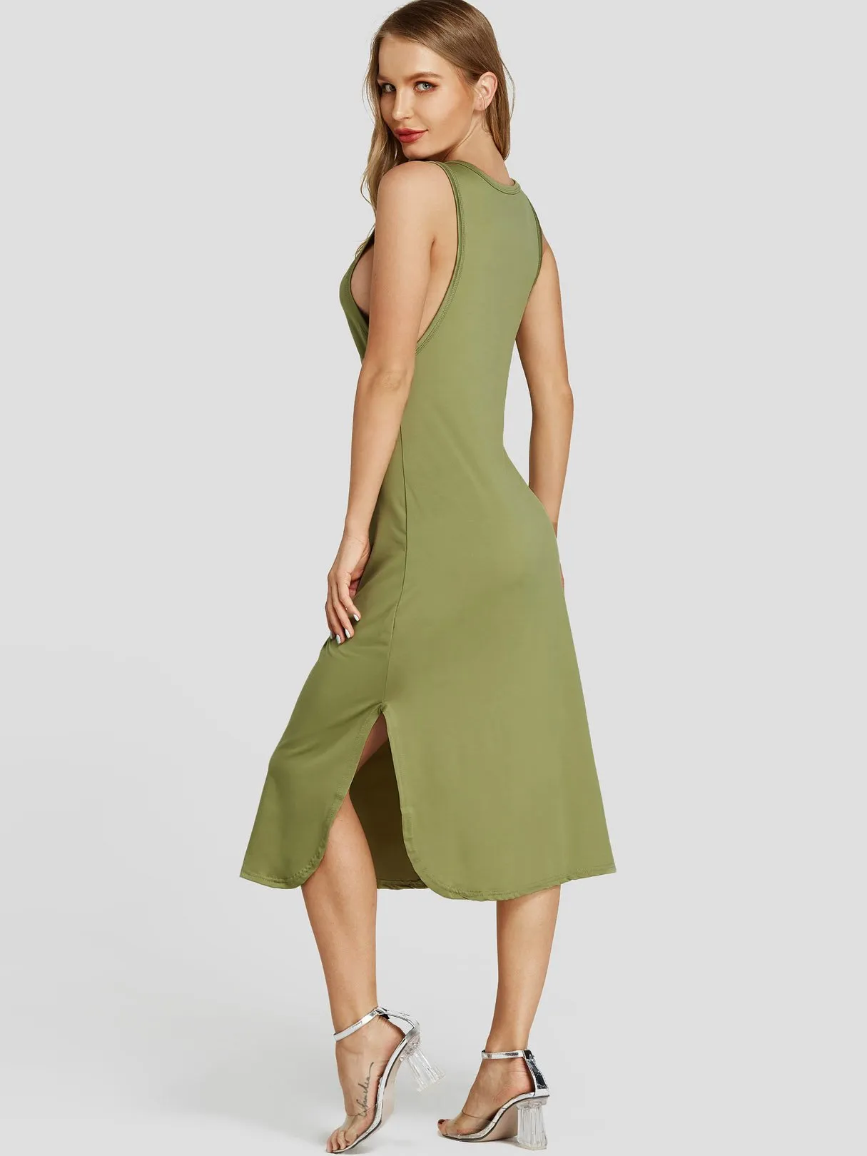 Wholesale Army Green Scoop Neck Sleeveless Plain Slit Midi Dress