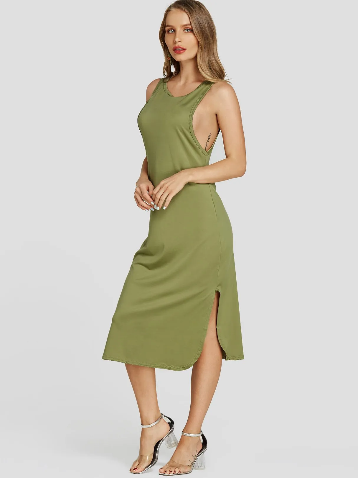 Wholesale Army Green Scoop Neck Sleeveless Plain Slit Midi Dress