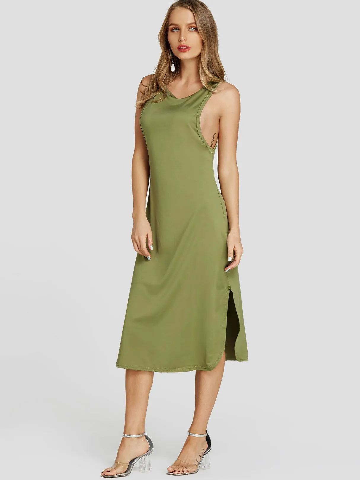 Wholesale Army Green Scoop Neck Sleeveless Plain Slit Midi Dress