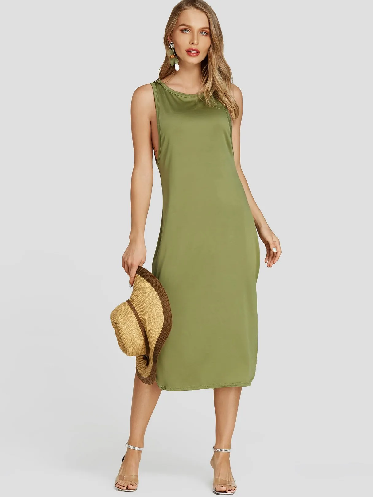 Wholesale Army Green Scoop Neck Sleeveless Plain Slit Midi Dress