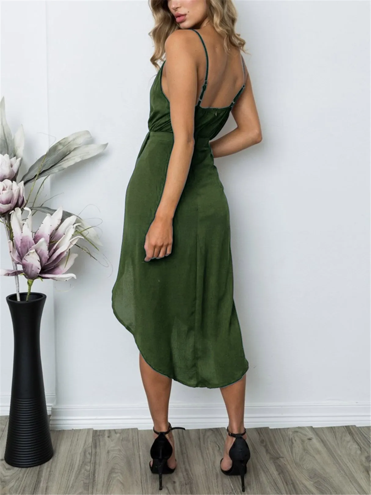 Wholesale Army Green V-Neck Sleeveless Plain Crossed Front Zip Back Backless Wrap Slit Hem Midi Dresses