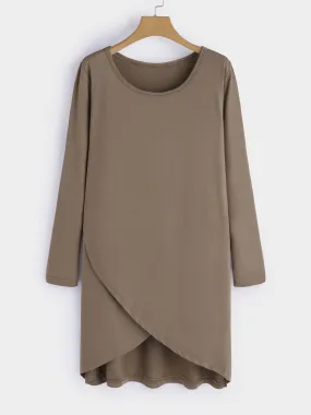 Wholesale Khaki Round Neck Long Sleeve Plain Crossed Front Midi Dress