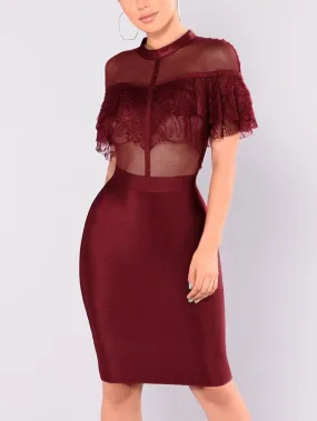 Wholesale Round Neck Lace Short Sleeve Red Midi Dress