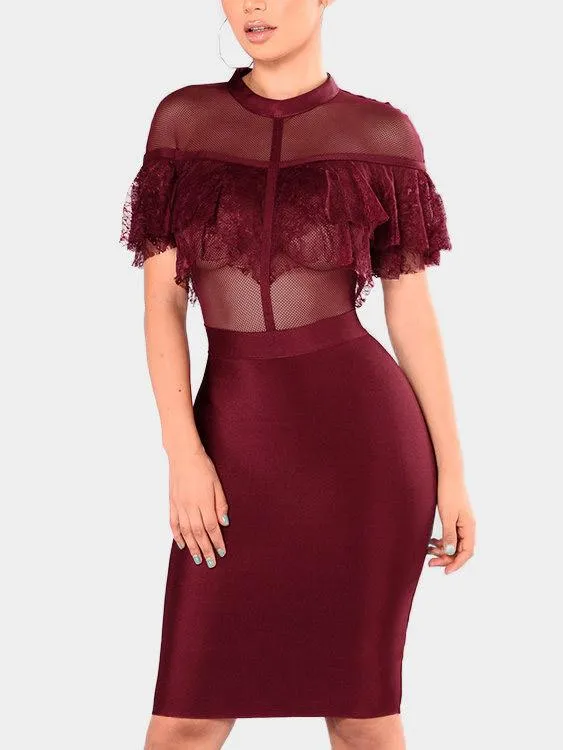 Wholesale Round Neck Lace Short Sleeve Red Midi Dress