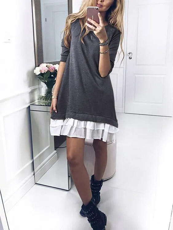 Wholesale Round Neck Plain Long Sleeve Ruffle Hem Grey Midi Dress