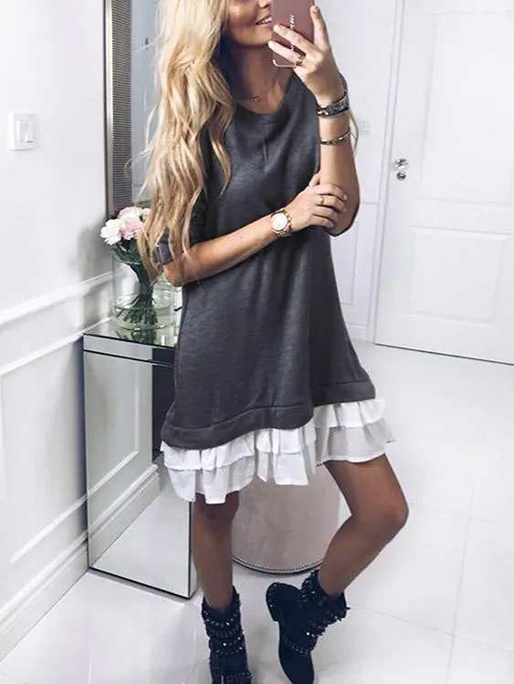 Wholesale Round Neck Plain Long Sleeve Ruffle Hem Grey Midi Dress